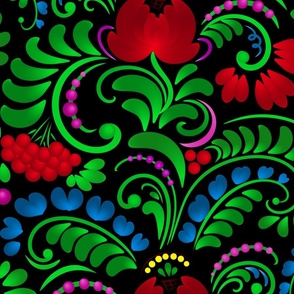 Floral Fairytail - Beauty Forest Flower - Bloom Fantasy Wildflower - Folk Ukrainian Ornament Obereg - Petrykivka - Green Fern Leaves Red Guelder Rose - Colorful Petal Mood on Black - Large 