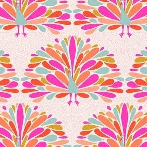 Colorful and mod Peacock birds in rainbow pink magenta, lilac