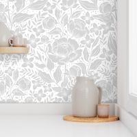 Peonies -neutral botanical Art Nouveau large scale wallpaper white and gray