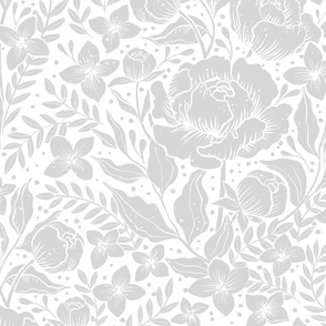Peonies -neutral botanical Art Nouveau large scale wallpaper white and gray