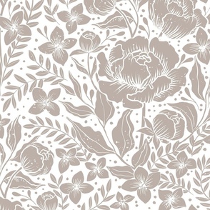 Peonies -neutral botanical Art Nouveau large scale wallpaper white and silk