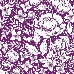 Peonies - botanical Art Nouveau large scale damask wallpaper white and purple