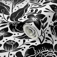 Peonies -botanical Art Nouveau large scale  floral damask wallpaper white and black