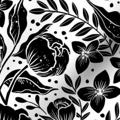 Peonies -botanical Art Nouveau large scale  floral damask wallpaper white and black