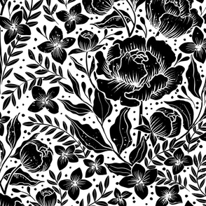 Peonies -botanical Art Nouveau large scale  floral damask wallpaper white and black