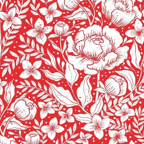 Peonies - botanical Art Nouveau large scale floral damask wallpaper white and bright red