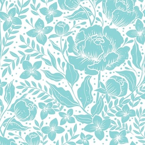 Peonies - botanical Art Nouveau large scale floral damask wallpaper white and turquoise