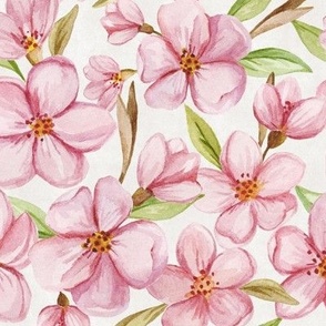 Cute pink flowers and buds watercolor. Cherry blossoms