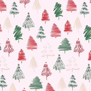 Large Trees and Snowflakes Watercolor, Modern Vintage, Pink Background 