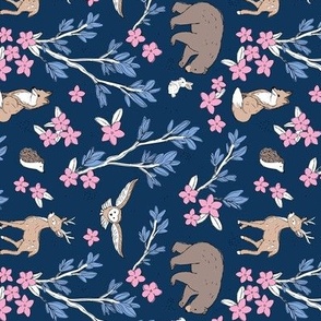 Lush leaves and blossom woodland animals fox deer bear bunny and owl friends brown beige pink on navy blue rotated