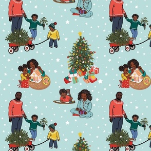 Family at Christmas - African American - Large 12 inch scale repeat - Pale Blue