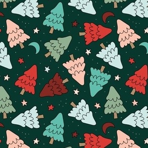 Happy Holidays Starry night and magic moon - Boho vintage Christmas trees seasonal forest design mint teal red on green 
