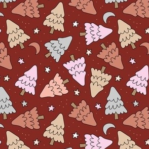 Happy Holidays Starry night and magic moon - Boho vintage Christmas trees seasonal forest design beige pink stone gray on maroon burgundy red 