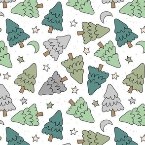 Happy Holidays Starry night and magic moon - Boho vintage Christmas trees seasonal forest design green gray neutral palette on white 