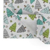 Happy Holidays Starry night and magic moon - Boho vintage Christmas trees seasonal forest design bright teal green gray on white 