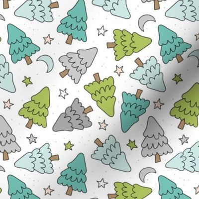 Happy Holidays Starry night and magic moon - Boho vintage Christmas trees seasonal forest design bright teal green gray on white 