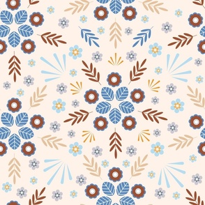 Scandi Garden - Beige Geometric Flowers Florals Earth Tones Folk Art Nordic Khaki Daisies