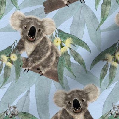 Australian Koala & Gum Leaves Watercolour Blue