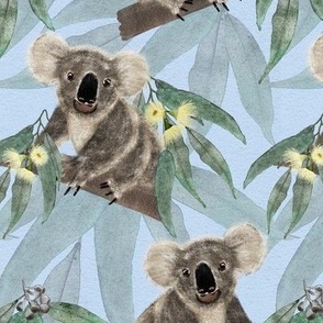 Australian Koala & Gum Leaves Watercolour Blue