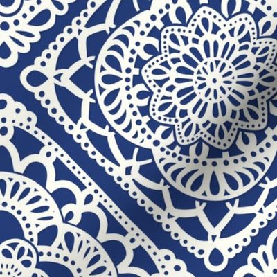 Cozy Granny Squares Diagonal- Dark Cobalt Blue- Navy Blue- Bohemian Summer- Winter- White- Vintage Lace- Boho Crochet- Gender Neutral Nursery Wallpaper- Large