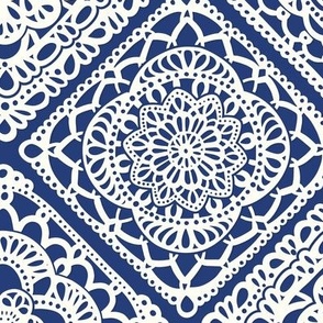 Cozy Granny Squares Diagonal- Dark Cobalt Blue- Navy Blue- Bohemian Summer- Winter- White- Vintage Lace- Boho Crochet- Gender Neutral Nursery Wallpaper- Medium