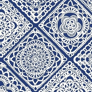 Cozy Granny Squares Diagonal- Dark Cobalt Blue- Navy Blue- Bohemian Summer- Winter- White- Vintage Lace- Boho Crochet- Gender Neutral Nursery Wallpaper- Small