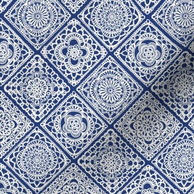 Cozy Granny Squares Diagonal- Dark Cobalt Blue- Navy Blue- Bohemian Summer- Winter- White- Vintage Lace- Boho Crochet- Gender Neutral Nursery Wallpaper- Mini