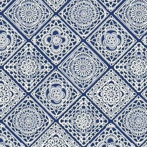 Cozy Granny Squares Diagonal- Dark Cobalt Blue- Navy Blue- Bohemian Summer- Winter- White- Vintage Lace- Boho Crochet- Gender Neutral Nursery Wallpaper- Mini