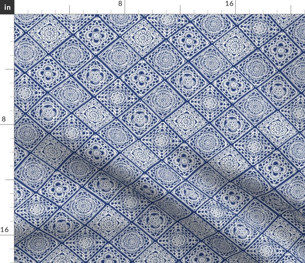 Cozy Granny Squares Diagonal- Dark Cobalt Blue- Navy Blue- Bohemian Summer- Winter- White- Vintage Lace- Boho Crochet- Gender Neutral Nursery Wallpaper- Mini