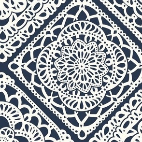 Cozy Granny Squares Diagonal- Navy Blue- Bohemian Winter- White- Vintage Lace- Boho Crochet- Gender Neutral Nursery Wallpaper- Medium