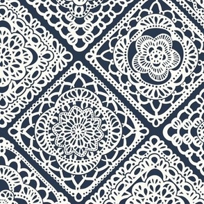 Cozy Granny Squares Diagonal- Navy Blue- Bohemian Winter- White- Vintage Lace- Boho Crochet- Gender Neutral Nursery Wallpaper- Small