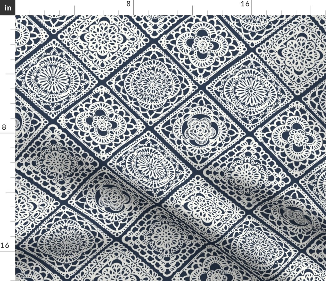 Cozy Granny Squares Diagonal- Navy Blue- Bohemian Winter- White- Vintage Lace- Boho Crochet- Gender Neutral Nursery Wallpaper- Small