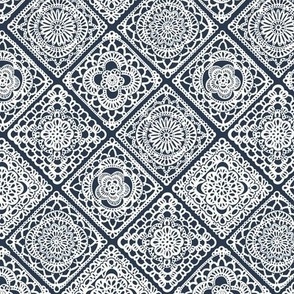 Cozy Granny Squares Diagonal- Navy Blue- Bohemian Winter- White- Vintage Lace- Boho Crochet- Gender Neutral Nursery Wallpaper- Mini