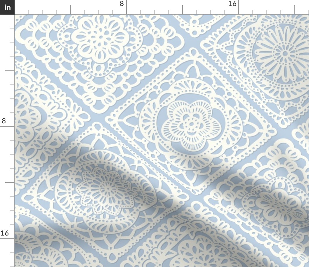 Cozy Granny Squares Diagonal- Sky Blue- Soft Pastel Blue- Bohemian Winter- Summer- White- Vintage Lace- Boho Crochet- Gender Neutral Nursery Wallpaper- Large