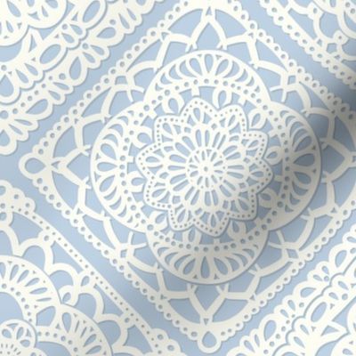 Cozy Granny Squares Diagonal- Sky Blue- Soft Pastel Blue- Bohemian Winter- Summer- White- Vintage Lace- Boho Crochet- Gender Neutral Nursery Wallpaper- Medium