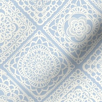 Cozy Granny Squares Diagonal- Sky Blue- Soft Pastel Blue- Bohemian Winter- Summer- White- Vintage Lace- Boho Crochet- Gender Neutral Nursery Wallpaper- Small