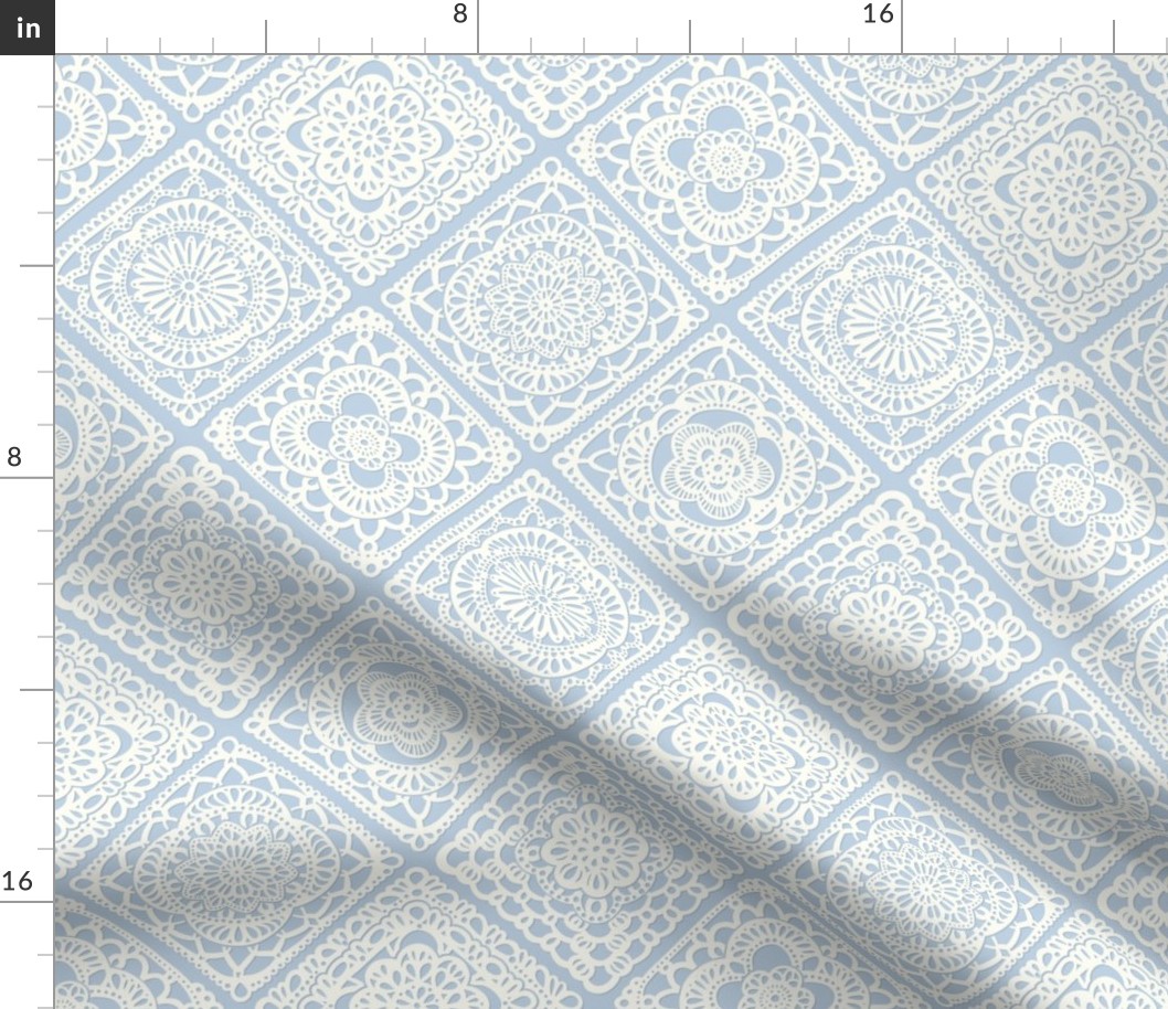 Cozy Granny Squares Diagonal- Sky Blue- Soft Pastel Blue- Bohemian Winter- Summer- White- Vintage Lace- Boho Crochet- Gender Neutral Nursery Wallpaper- Small