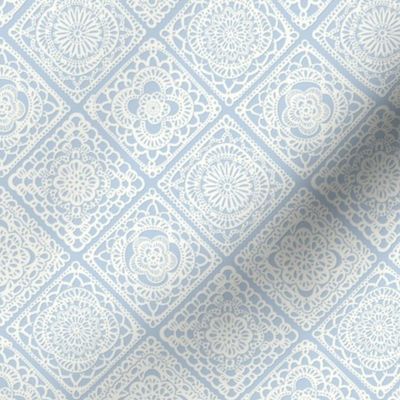 Cozy Granny Squares Diagonal- Sky Blue- Soft Pastel Blue- Bohemian Winter- Summer- White- Vintage Lace- Boho Crochet- Gender Neutral Nursery Wallpaper- Mini