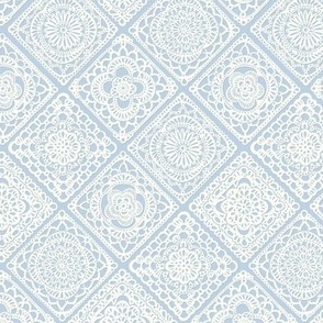 Cozy Granny Squares Diagonal- Sky Blue- Soft Pastel Blue- Bohemian Winter- Summer- White- Vintage Lace- Boho Crochet- Gender Neutral Nursery Wallpaper- Mini