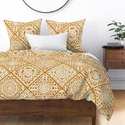 Cozy Granny Squares Diagonal- Mustard Yellow- Ochre- Earth Tone- Bohemian Fall- Summer- White- Vintage Lace- Boho Crochet- Gender Neutral Nursery Wallpaper- Extra Large