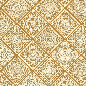 Cozy Granny Squares Diagonal- Mustard Yellow- Ochre- Earth Tone- Bohemian Fall- Summer- White- Vintage Lace- Boho Crochet- Gender Neutral Nursery Wallpaper- Mini