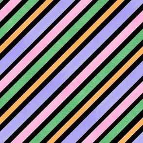 Retro Fun - Diagonal stripes, in pink, orange, lavender and green on a black background