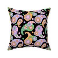 Retro Fun - Paisley, with dots & groovy flowers, pink, green, lavender and orange on a black background.