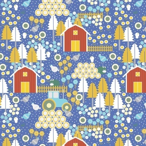Medium / Farm Life - Mustard and Blue - Barn - Countryside - Red Barn - Tractor - Ranch - Farm Animals - Country Life - Rural Life - Chicken - Pig - Pine Trees