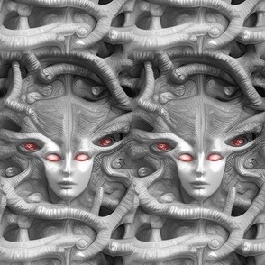 4 biomechanical bioorganic female black white monochrome woman  red eyes tentacles monsters demons aliens sci-fi science fiction futuristic flesh Halloween scary horrifying morbid macabre spooky eerie frightening disgusting grotesque heavy metal death met