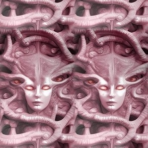 3 biomechanical bioorganic pink woman  red eyes tentacles monsters demons aliens sci-fi science fiction futuristic flesh Halloween scary horrifying morbid macabre spooky eerie frightening disgusting grotesque heavy metal death metal art surreal dark fanta