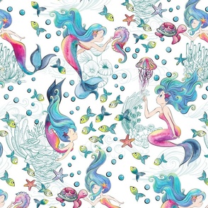 Modern Mermaid Toile on White - Large