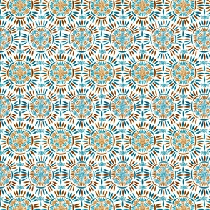 Bohemian Mandala Crochet Pattern - Boho Medallion - Ancient Ethnic Ornament Obereg - Folk Magic Shamanic Tribal Mood - Deep Cyan Blue Dark Sea Shade - Medium Ochre Orange Brown - 2 Smaller