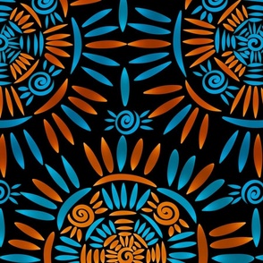 Bohemian Mandala Crochet Pattern - Boho Medallion - Ancient Ethnic Ornament Obereg - Folk Magic Shamanic Tribal Mood - Deep Cyan Blue Dark Sea Shade - Medium Ochre Orange Brown - on Black Mega Large