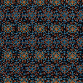 Bohemian Mandala Crochet Pattern - Boho Medallion - Ancient Ethnic Ornament Obereg - Folk Magic Shamanic Tribal Mood - Deep Cyan Blue Dark Sea Shade - Medium Ochre Orange Brown - on Black 2 Smaller